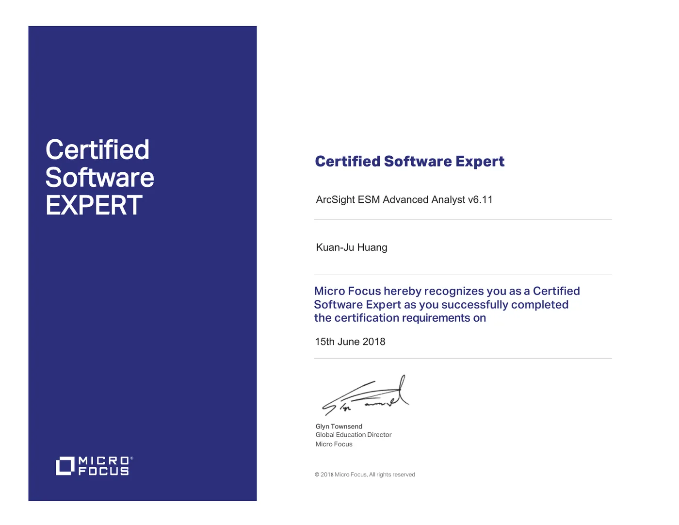 Micro Focus Certified Software Expert，ArcSight ESM Advanced Analyst v6.11，2018