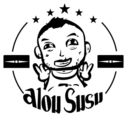 alou susu 徽章原稿：黑白線稿，五顆星、兩條橫槓、比 V 的側臉，下方手寫 alou Susu